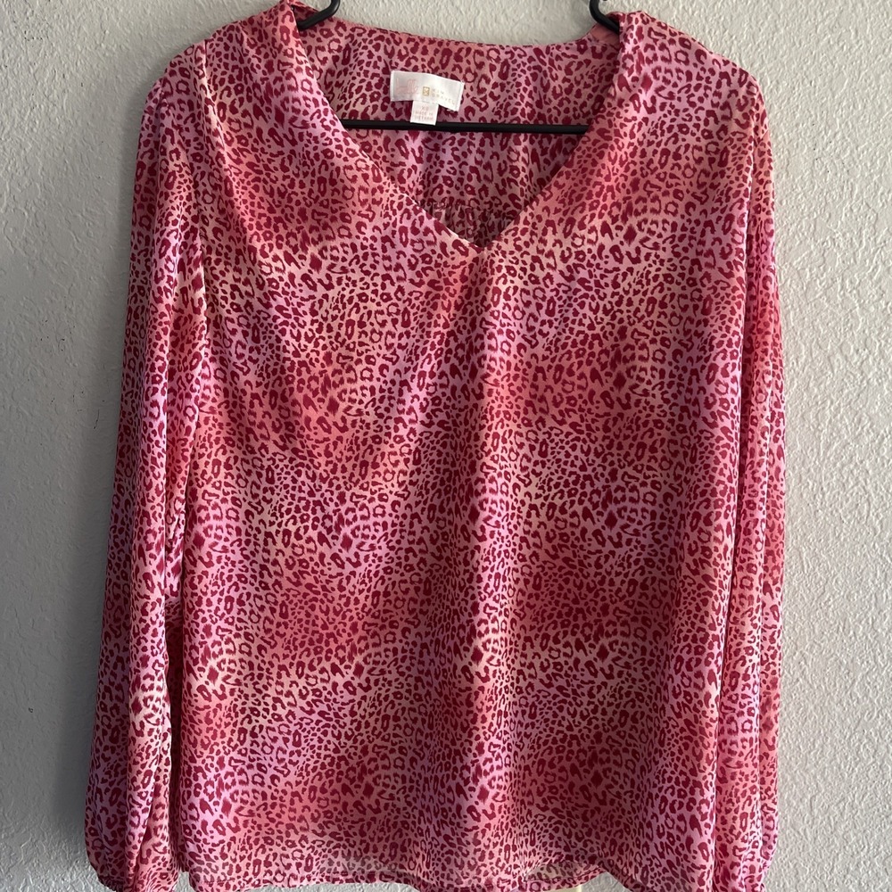 Belle by Kim Gravel Pink Leopard Print Long Sleeve Balloon Blouse Size XS